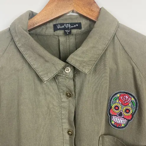 Velvet Heart Midi Shirt Dress L Skull Patches Green Tencel 3/4 Roll Tab Sleeve