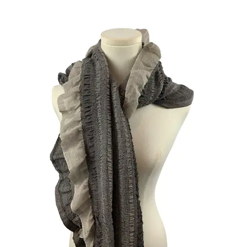 Coldwater Creek Ruffled Gray & Beige Knit Scarf With Fringe