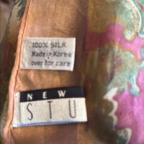 New York Studio Plum/Gold/Green Leaf Print Silk Scarf Brown