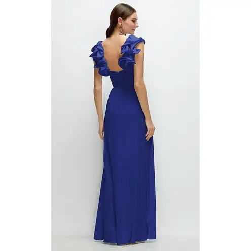 After Six Dramatic Ruffle Edge Strap Chiffon Maxi Dress In Cobalt Blue Size 8