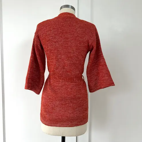 Vintage Rust Orange Marled Knit Tie Waist Cardigan 3/4 Sleeve 70s XS S Robe Red