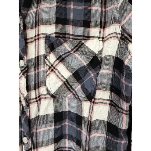 Time And Tru Women's Plaid Button Down Shirt M White Blue Pink