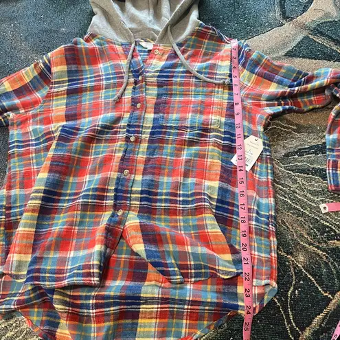 Time & Tru Red Blue Plaid Hooded Flannel Shirt L Button