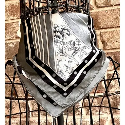 Vintage Neck Scarf Silver Black Floral Art Deco Hand Rolled Hem Korea Co…