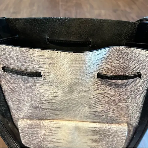 Loeffler Randall Embossed Lizard Leather Drawstring Black Bucket Tote Bag