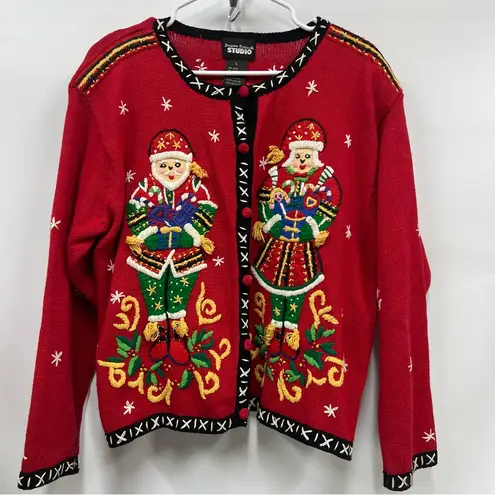 Vintage embroidery pom pom button up Red cardigan beaded Sweater size L FLAWS Size L - Image 1