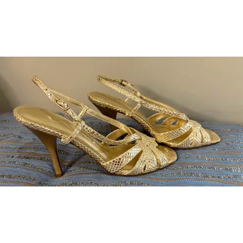 Nina Cracked Gold Leather Strappy Slingback Sandals - Size 9