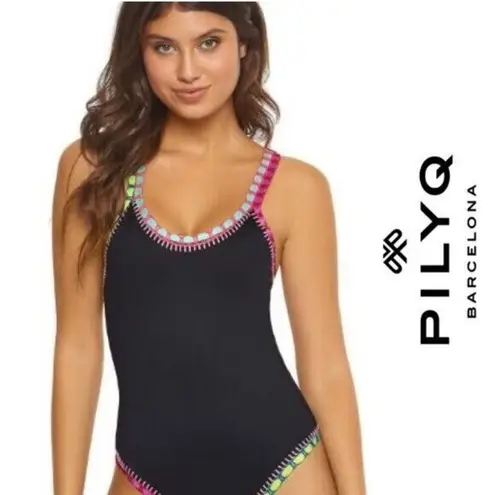 PilyQ MD Platinum Black Crochet Rainbow Trim One Piece- Size Medium