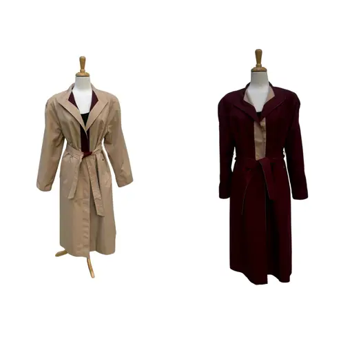 Etienne Aigner VTG Reversible Trench Coat 10P Beige Red Tie Waist Long Length