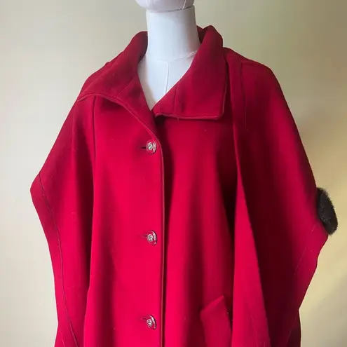 Vintage Dennis Basso Red Wool Cashmere Coat Hooded Faux Fur Trim Scarf Small