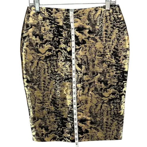 Escada Pencil Skirt US 4 Black Gold Linen Silk Blend Brocade Abstract Glamour