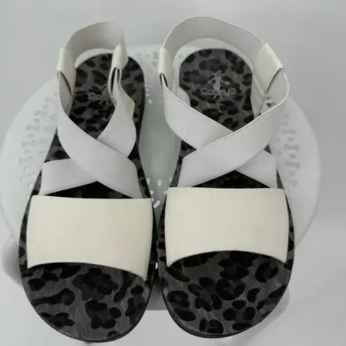 Corkys Thrive sandals vegan leather stretch cross strap open toe flat white 8