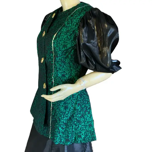 HANDMADE AVANT GARDE GREEN AND BLACK PUFFED SLEEVE BLOUSE (M) Size M
