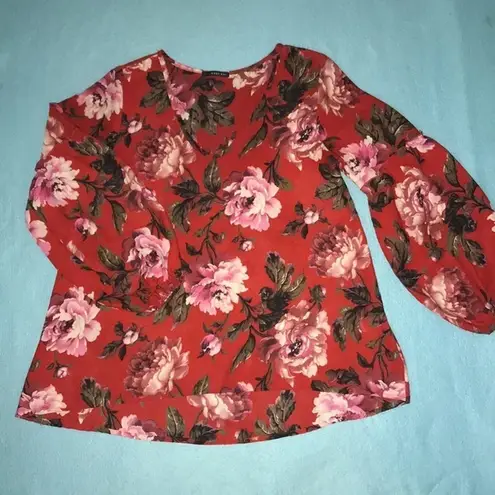 West Kei floral red blouse puffy balloon long sleeves v-neck hi-low NEW size S