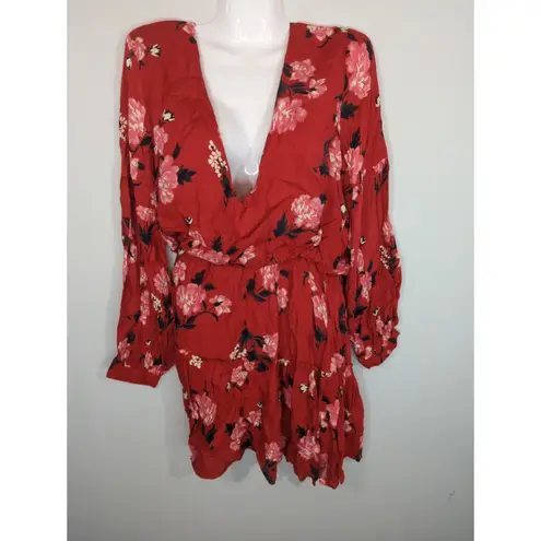 Valencia & Vine Red Floral Mini Blouson Tiered Dress Medium NWT Summer Chic Boho