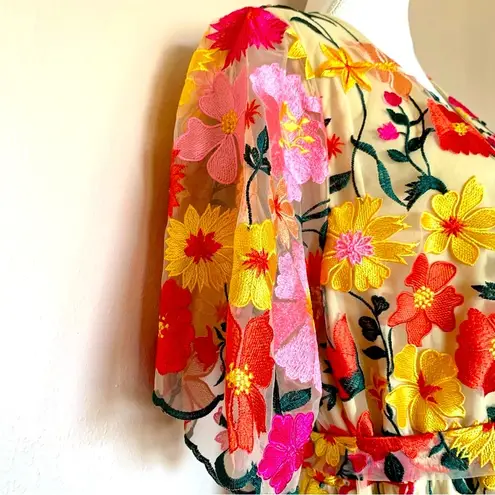 One Loved Babe Tan Orange Red Yellow Pink Floral Embroidered Tulle Maxi Dress. Size undefined