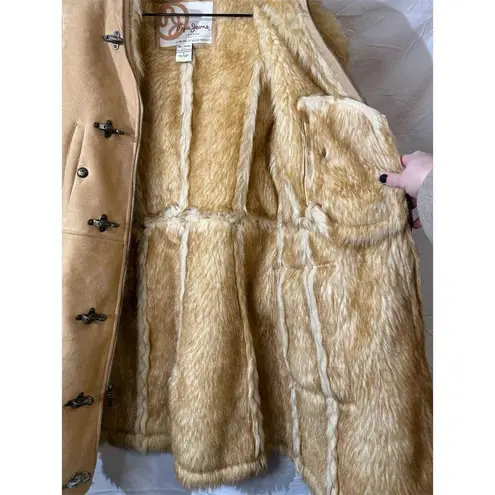 Pepe Jeans Tan Winter Overcoat M Faux Fur Trim Toggle Buttons Penny Lane Y2K 70s