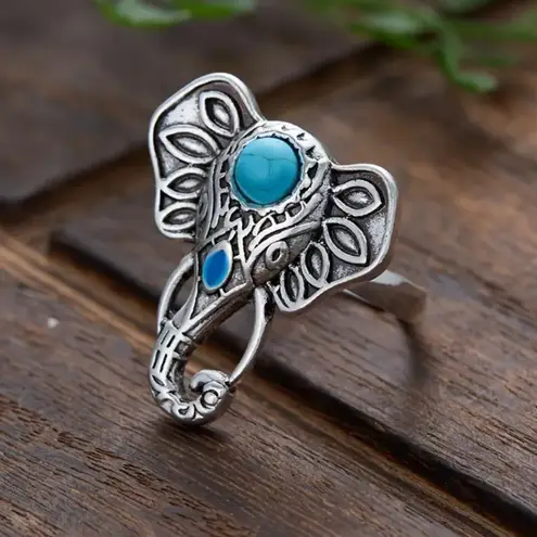 Bohemian Elephant Ring with Turquoise Accent Silver Plated Adjustable Open Band Silver