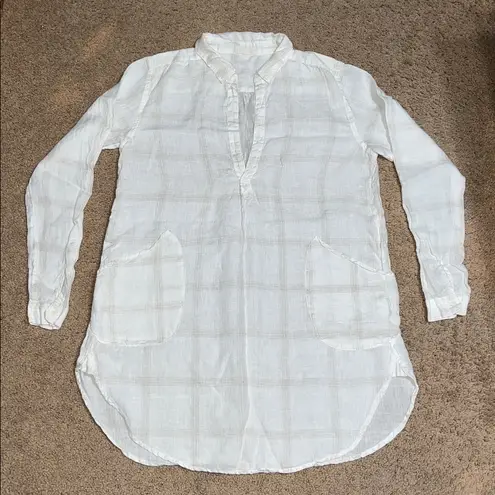 CP Shades Teton Linen Tunic Dress Patch Pockets Long Sleeve V Neckline White S