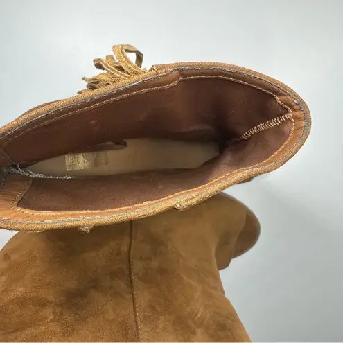 DV Dolce Vita Boots Womens 7.5 Fringe Booties Brown Leather Peep Toe Heeled Boho Tan