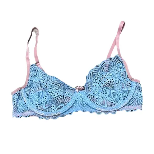 Doce Paixão Blue Lace Underwire Bra 36D Sheer Pink Trim Romantic Coquette Preppy Size undefined