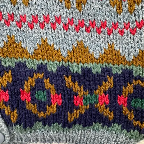 Vintage 90s Cardigan Sweater Southwestern Fair Isle Fringed Collar Blue Chunky L Size L