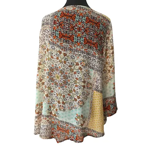 One World Boho Patchwork Peasant Tunic Top 1X Flowy Tie Front Festival Gypsy Hippie Lagen