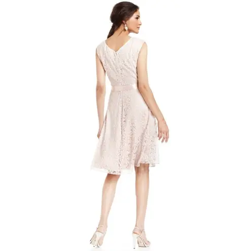 Tahari 💕 by ASL💕 Glitter Lace Trim Metallic Ribbon Belted Dress Light Pink 18W