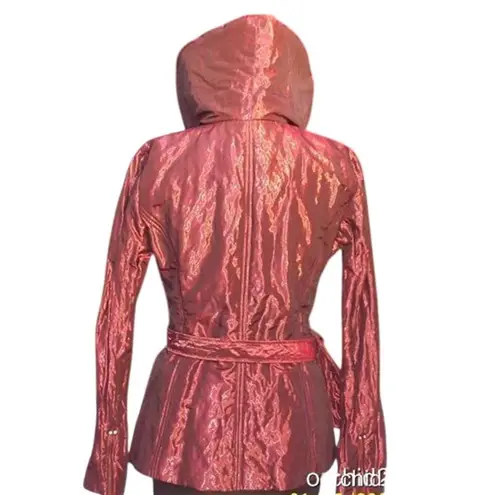 Cache Berry Metallic Sheen Jacket Lined Belt Puffer Exaggerated Collar NWT $238 Red