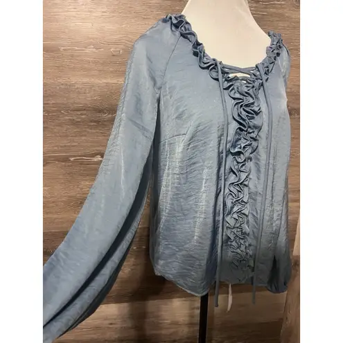 CeCe Blouse Blue Ruffle Sz M Top Tie Front Long Sleeves