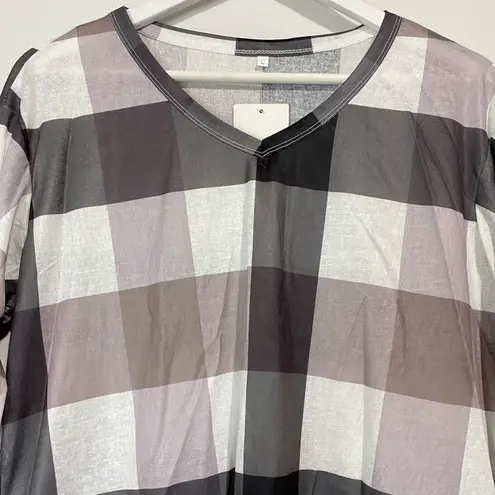 Suvimuga Women’s Long Sleeve V Neck Plaid Print Tee Shirt Grey & White NWT