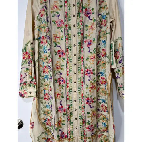 Aratta Silent Journey Collection Midi Dress Large NWT Cream Embroidered Florals Green