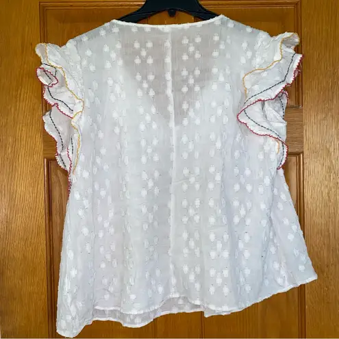 ACOS&A White Textured Top Blouse Colored Ruffled Sleeve Women’s XL Cotton Tassel