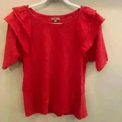 Lilla P Loose Knit Slub Elbow Sleeve Ruffle Crewneck size Small Preppy Luxury Red