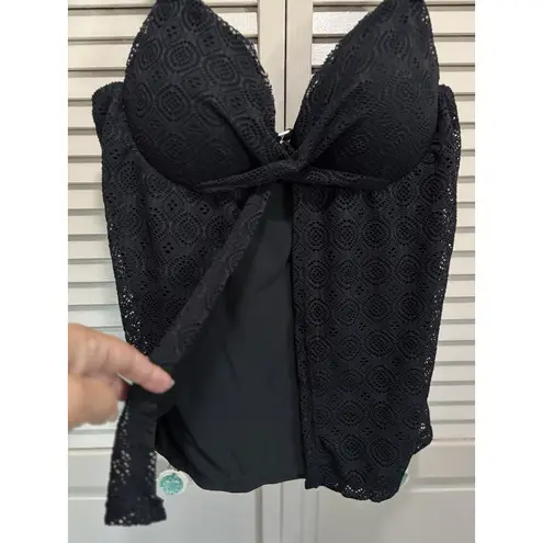 Tankini Swim Top Crochet Black Solid Size XL Molded Cups Lined Wide Adj Straps