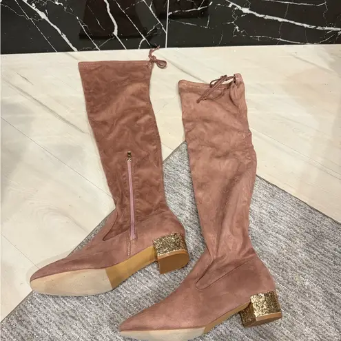 Catherine Malandrino Blush Pink Gold Glitter Heel Thigh High Boots Holidays