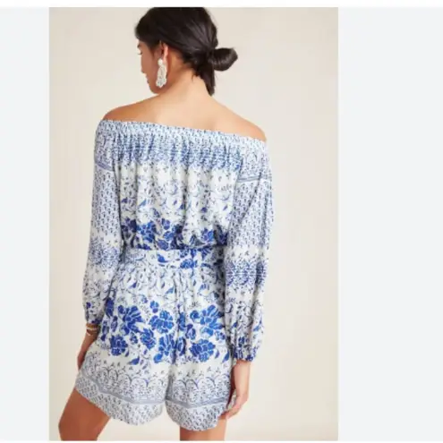 Anthropologie  Clemente Off Shoulder Floral Belted Romper Blue White