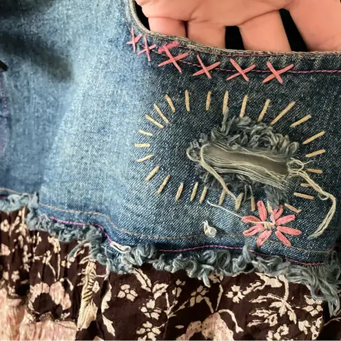 Squeeze Vintage 90s Mixed Media Denim Jean Flowy Midi Skirt Blue Size undefined