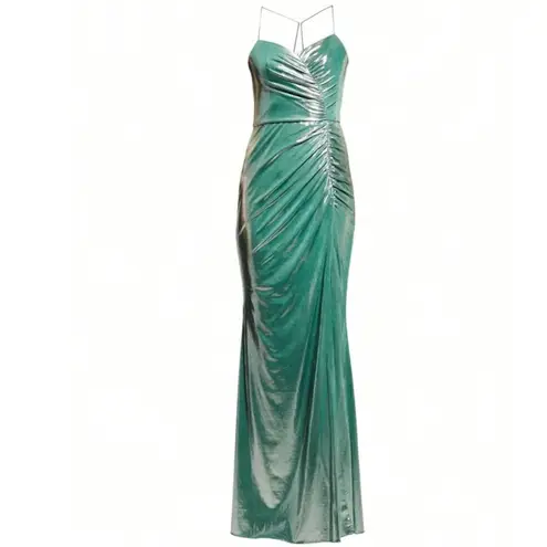 Marchesa Notte Jade Ruched Sleeveless Lame Gown Green Size 10