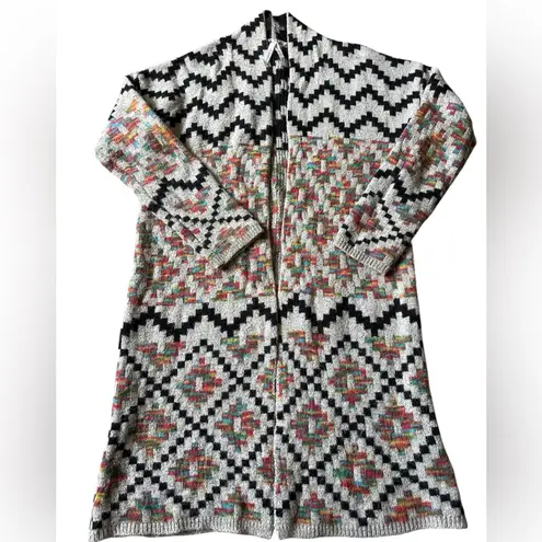 Dreamers Black and Cream Multicolor Chevron Cardigan with Floral Accents Size S