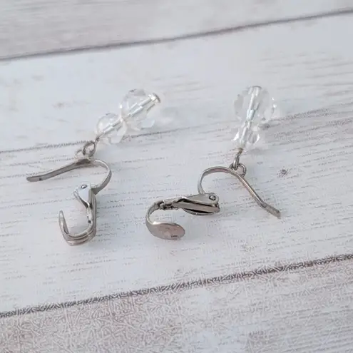 Vintage Clip On Earrings Clear Bead Duo Dangle Silver