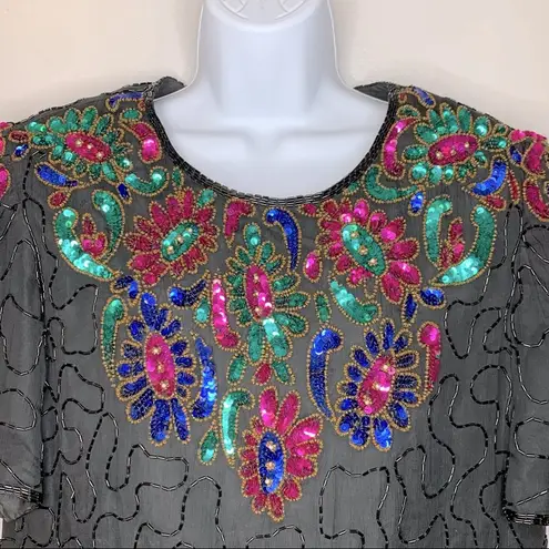 Vintage Black Pink Blue Green Sequined Beaded Silk Top Size XXL