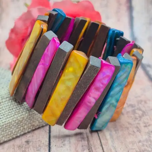 None Bohemian Wood Bar & Dyed Abalone Shell Colorful Wide Stretch Bracelet Beach