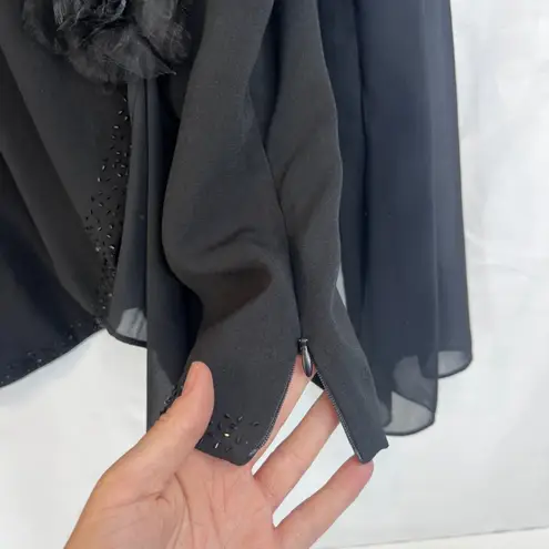 Dawn Joy Vneck Beaded Trim Dressy Cocktail Evening Jacket Flower Brooch SZ Large Black