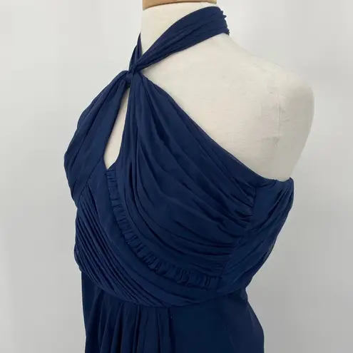 Badgley Mischka Dress Pleated Y Neck Halter Drape Front Mini Navy Blue Womens 4