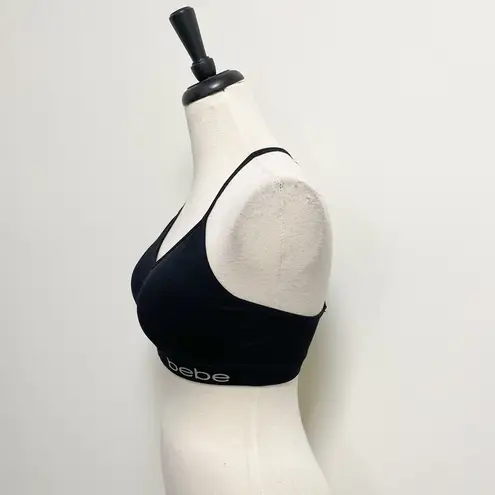 Bebe  Black Metallic Silver Logo V Neck Racerback Lace Bralette Removable Pads 1X - Image 3