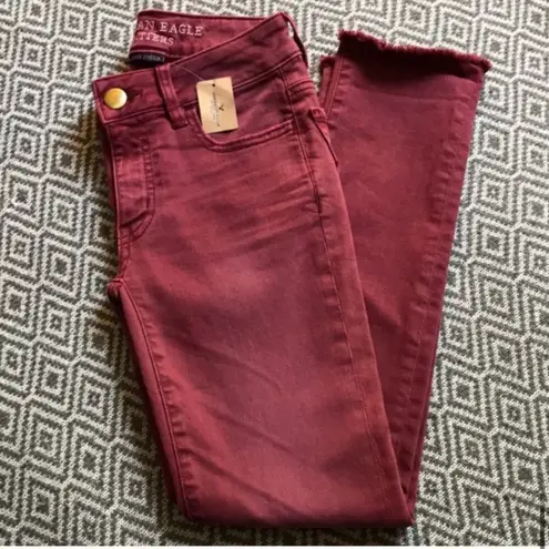 American Eagle New  Burgundy Red Raw Hem Jegging Skinny Jean Size 00 Y2K Denim