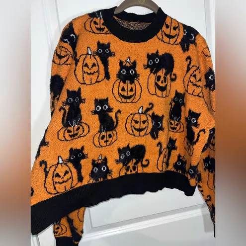 Blackmilk Halloween Whimsigoth Pumpkin Black Cat Orange Knit Fall Sweater XL-XXL