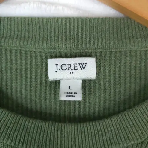 J.Crew Sweater Womens L Green Ruffle Sleeve Cotton Ribbed Knit Classic Fit Size L