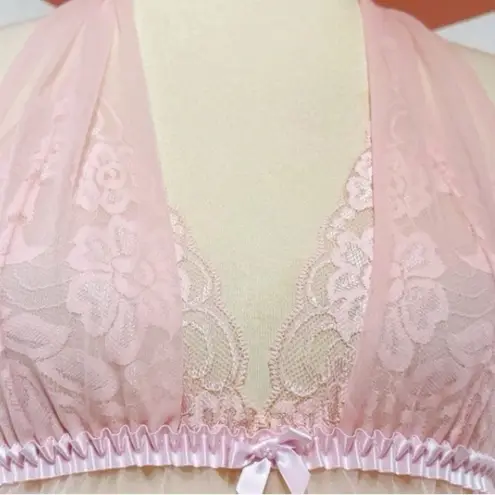 Frederick's of Hollywood , vintage Pink halter Lace Babydoll nightie dress small